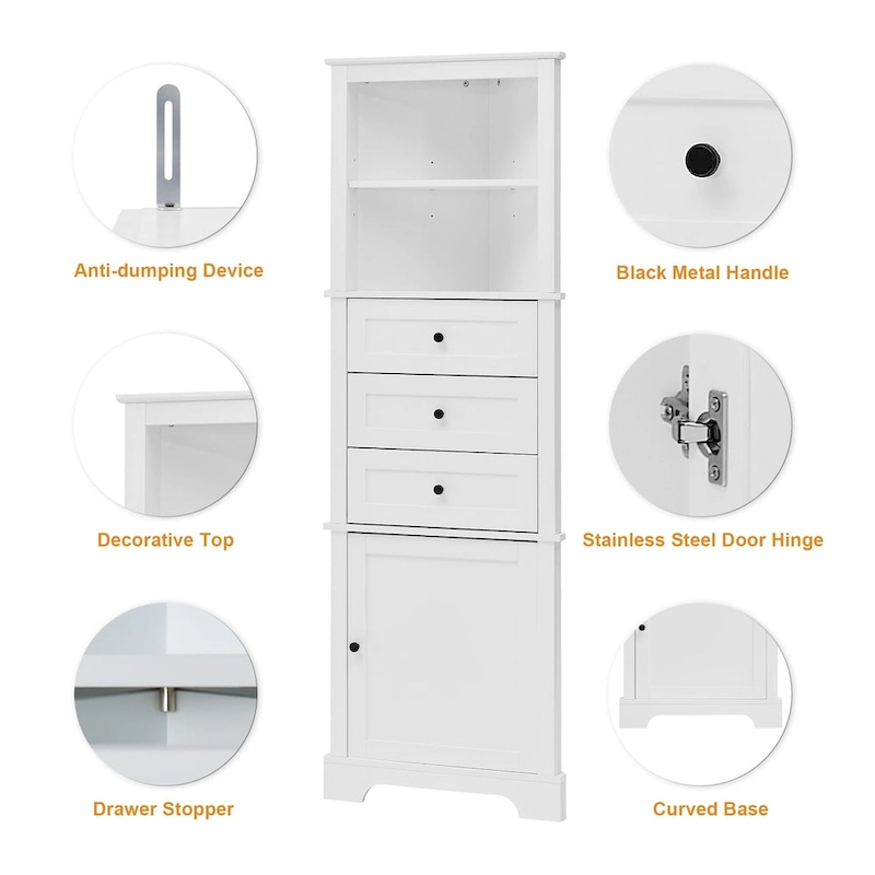 Triangle Tall Cabinet with 3 Drawers and Adjustable Shelves, MDF Board with Painted Finish