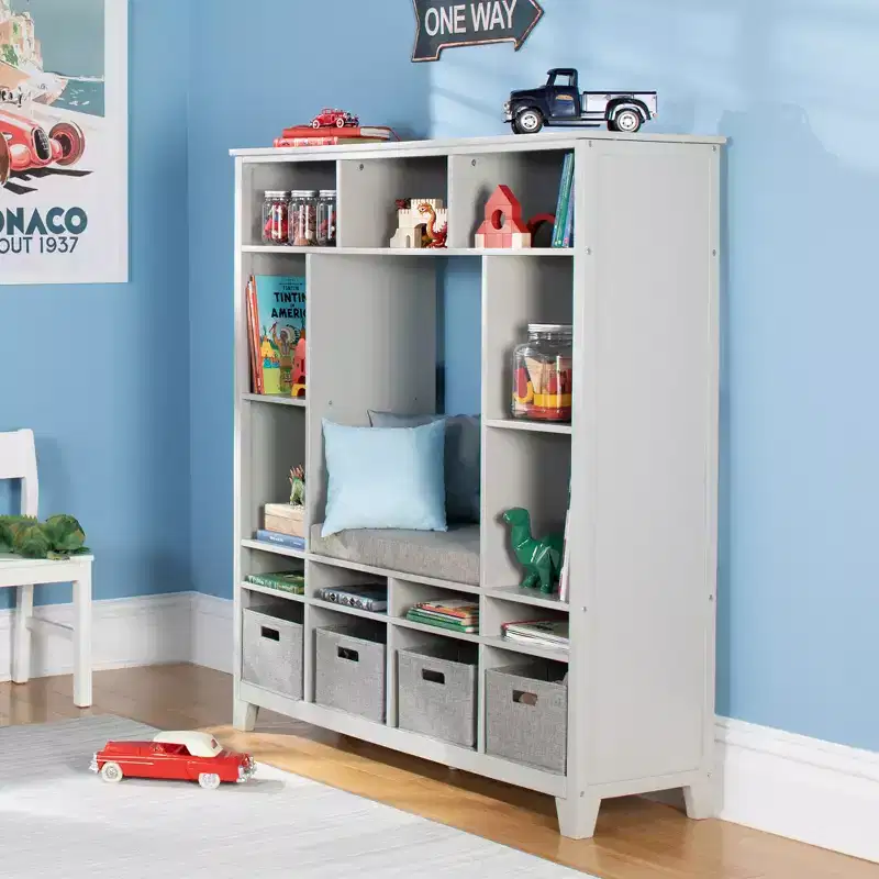 Martha Stewart Kids' Storage Shelf: Wooden Bedroom Bookshelf and Toy Organizer with Reading Bench and Fabric Storage Bins