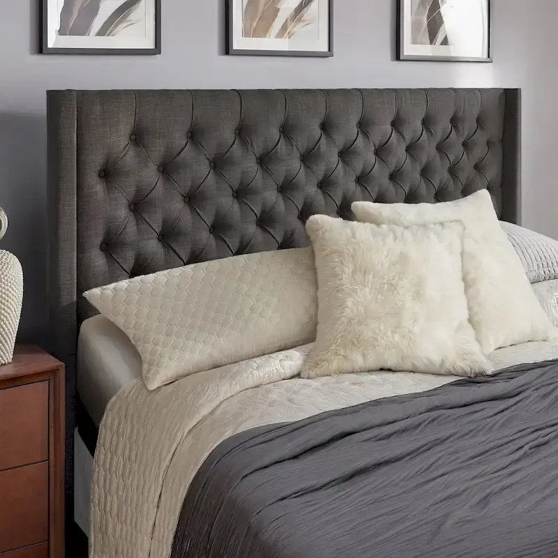 King Wingback Button Tufted Linen Fabric Headboard