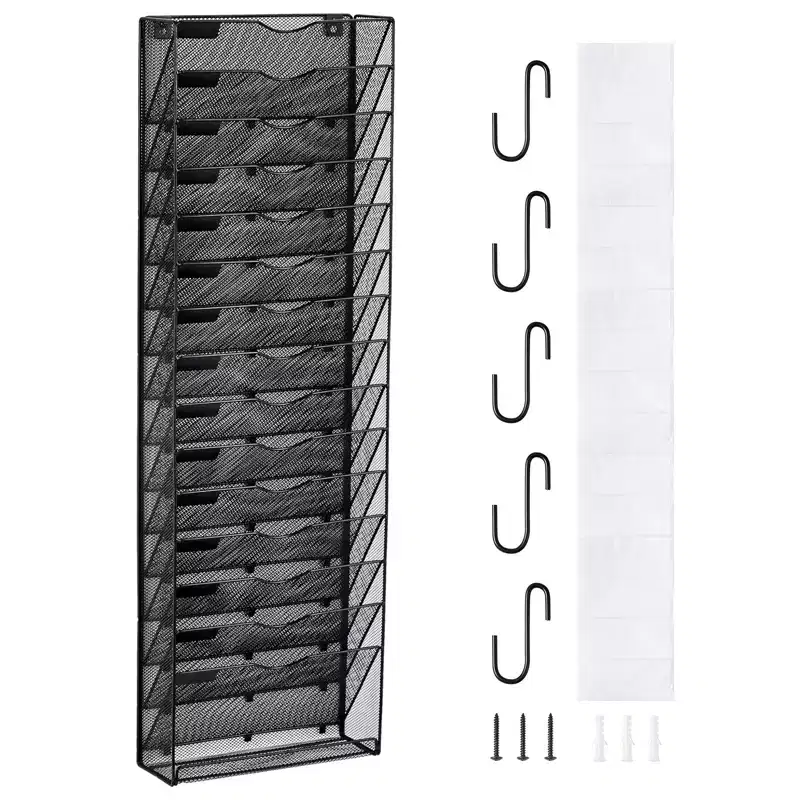 16-Pocket Mesh Wall Mounted File Organizer for Office and Home - Metal Document Rack