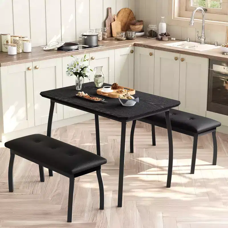 3 Piece Dining Table Set, Dining Room Table Set for 4 with Chamfer Design and Metal Legs, Metal Frame Kitchen Furniture with 2 Upholstered Bench