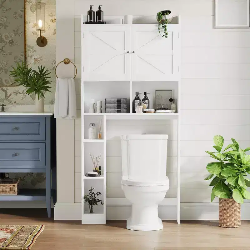 Over-the-Toilet Storage Cabinet with Adjustable Shelf, Bathroom Space Saver with Double Doors and Open Shelves, White