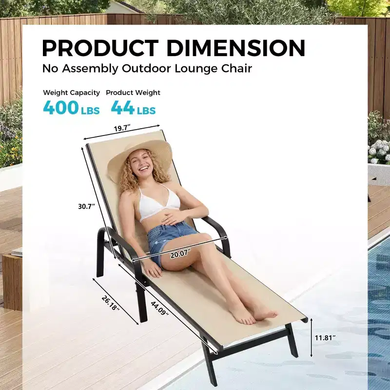 Outdoor Lounge Chair Set of 2  5-Position Adjustable Recliner, Textilene Fabric, 76 Pool Chaise for Patio, Garden & Poolside