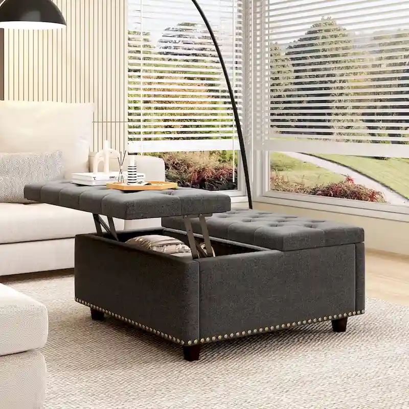 Massive square storage bench, footstool with two storage doors, mid-century modern coffee table for living room, nailhead inlay