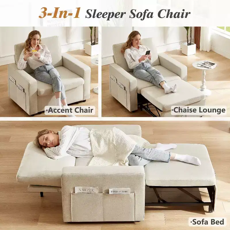 42.5 Inch 3-in-1 Sleeper Chair Bed, Convertible Sofa Chair with Pull Out Bed, Adjustable Backrest, Side Pockets