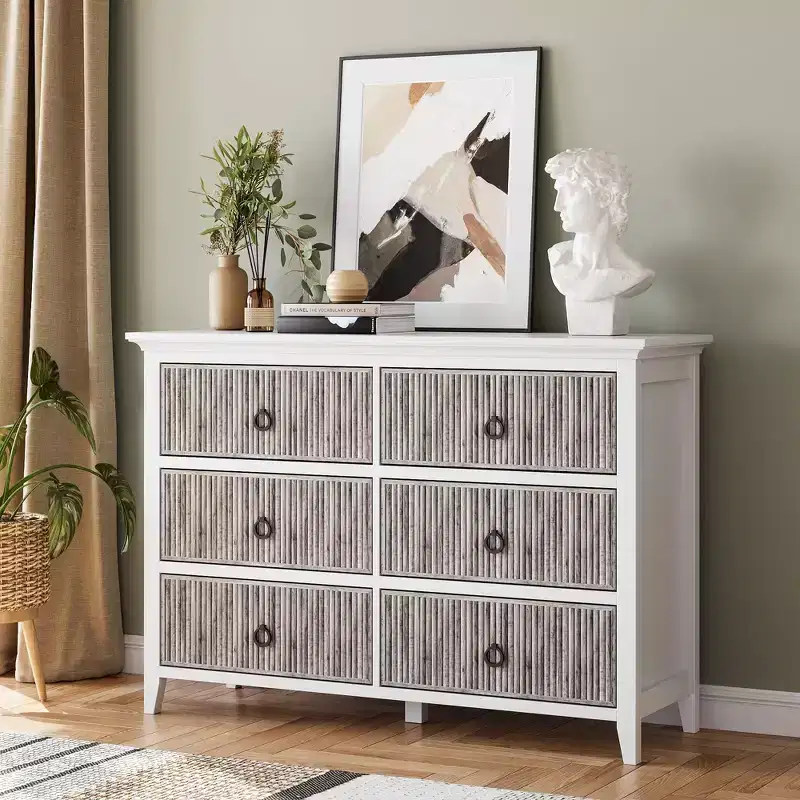 Fluted Dresser,6 Drawer Dresser for Bedroom, Modern Waveform Panel Closet Dressers Chest with Circle Black Handle, 47.2 Wide Wood Storage Organizer