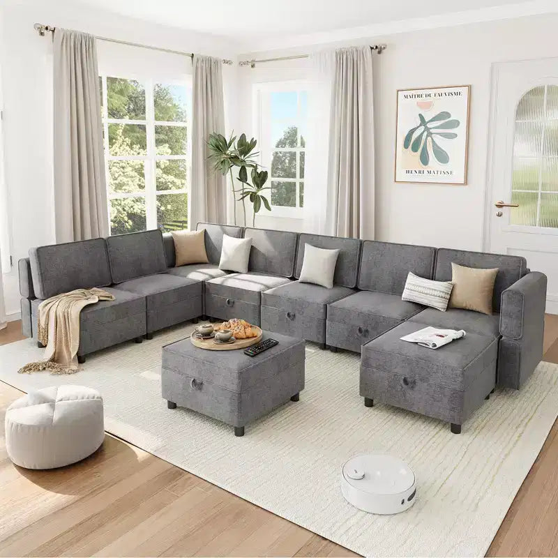 139.4 Chenille Reversible Sectional Sofa, 9-Seater Modular Sectional Sofa, Sleeper Sofa Couch with Chaise