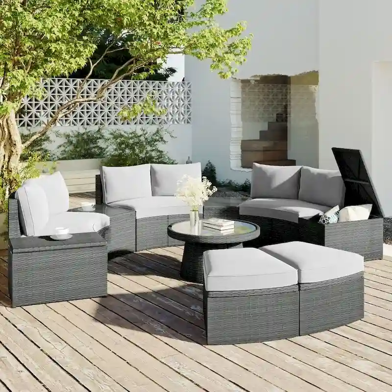 Abrihome 10-Piece Outdoor Sectional Half Round Patio Rattan Sofa Set,Light Gray
