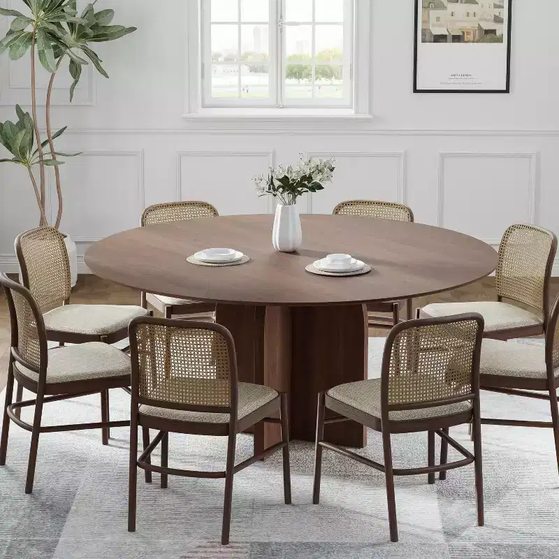 59 x 59 Solid Wood Round Dining Table with Walnut Finish and Elegant Arched Legs for Modern Dining Rooms & Kitchens