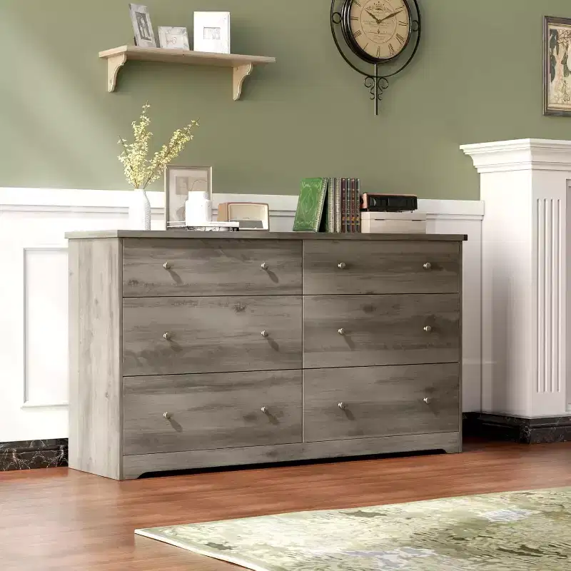 Grey Wood 6-Drawer Dresser, 59