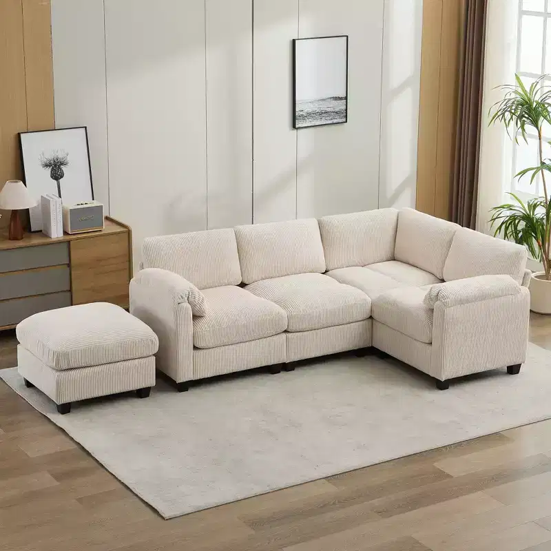 Corduroy Modular Sectional Sofa with Movable Ottoman, U-Shape Upholstered Comfy Couch with Two-Layer Seat Cushion for Living Room
