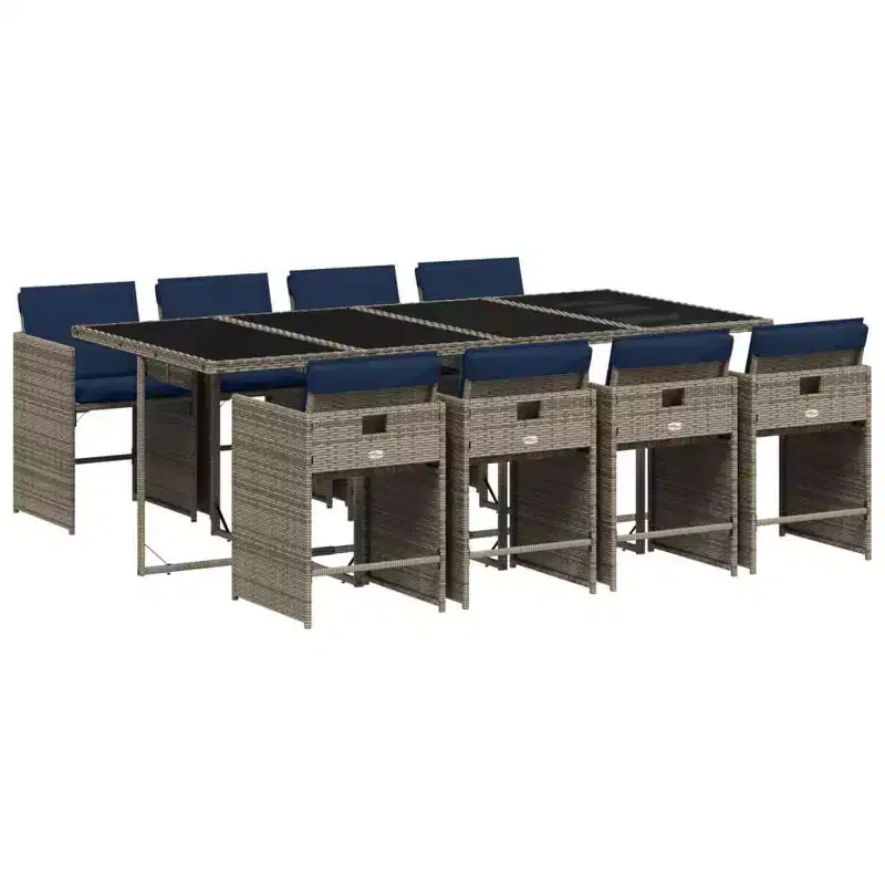 vidaXL Patio Dining Set, 9-Piece Foldable Outdoor Dining Set, Grey PE Rattan with Cushions