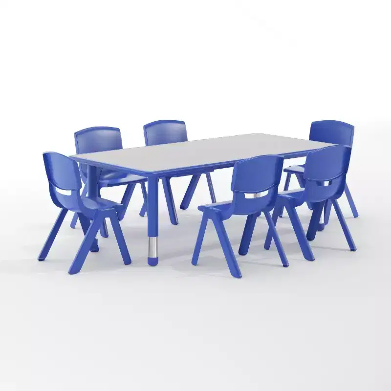 Emma and Oliver 23.625W x 47.25L Rectangular Plastic Height Adjustable Activity Table Set with 6 Chairs