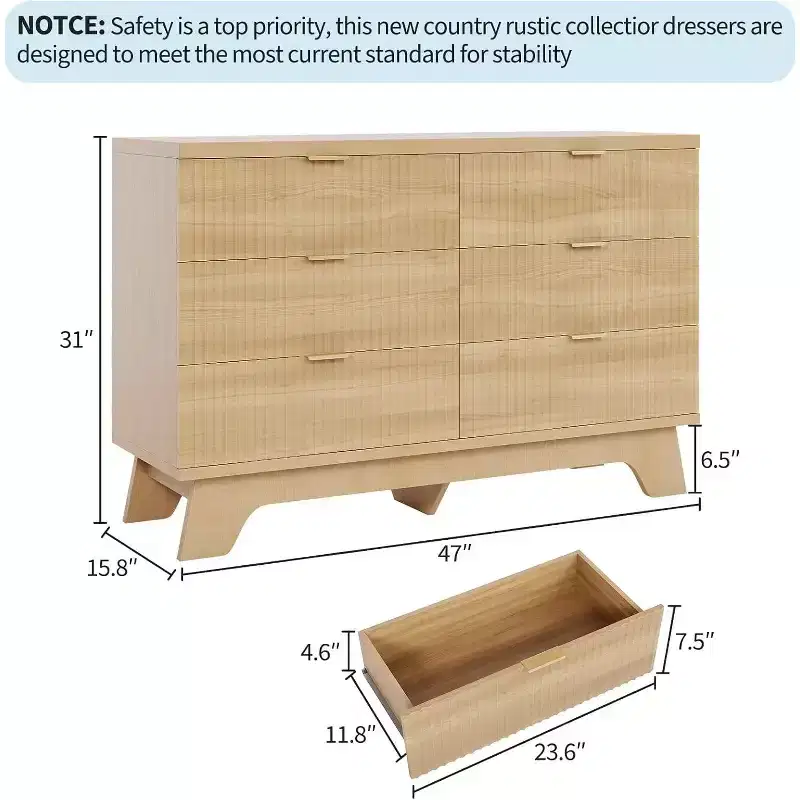 6-Drawer Fluted Dresser, Natural Oak Curved Storage Cabinet for Bedroom & Living Room
