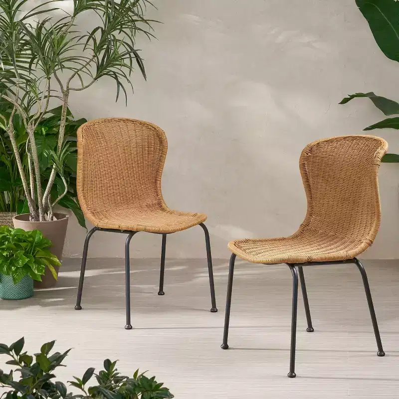 Okak Boho Wicker Rattan Patio Accent Chairs,Set of 2,Outdoor Dining Chairs with Sleek Legs&Foot Pads,Patio Furniture Seating,Natural/Black