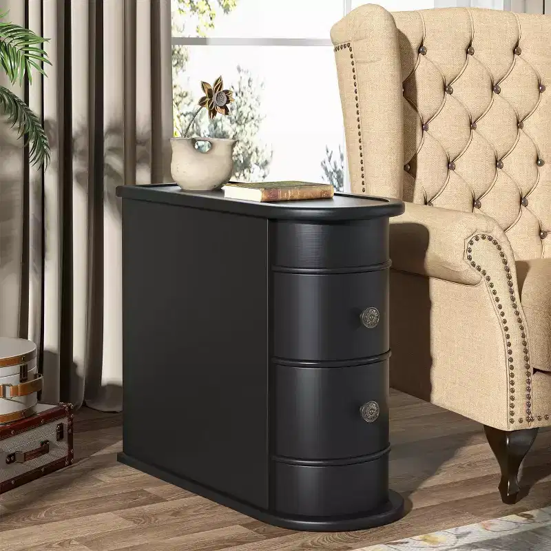 Slim 2-Drawer Wood End Table Narrow Nightstand Chairside Table No Assembly Required