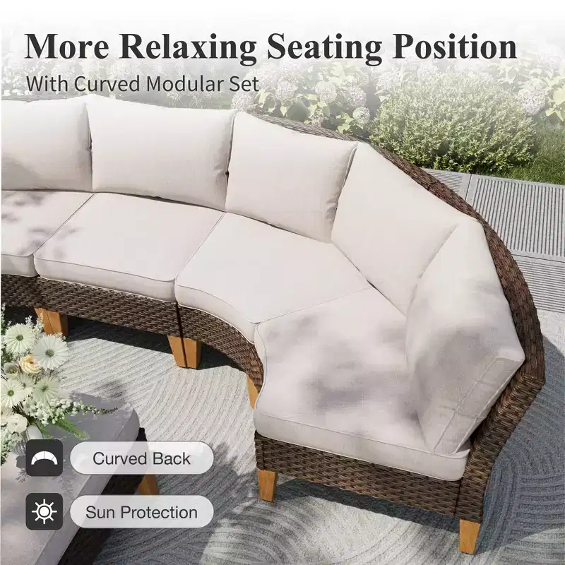 Captiva Designs 9pc Outdoor Wicker Rattan Patio Half-Moon Curved Sectional Sofa Conversation Set with Cushioned Ottoman