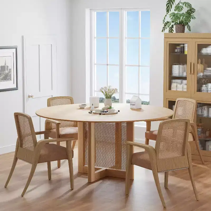 PexFix 60 x 60 Farmhouse Kitchen Dining Room Table Furniture Round Natural Kitchen Table with Rattan Woven Legs for Kitchen Bar Living Room