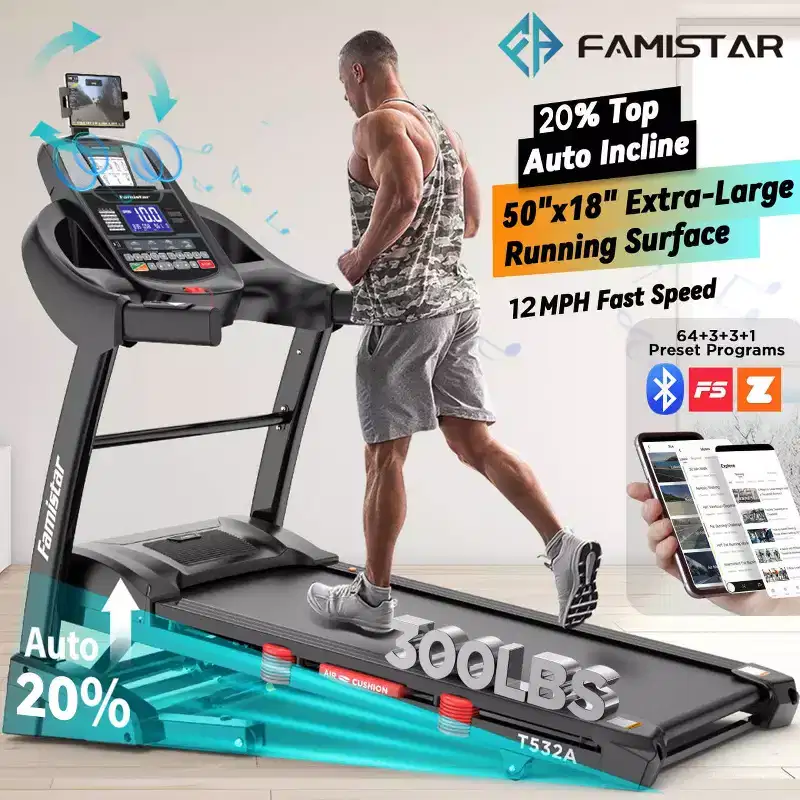 Famistar 4.5HP Folding Treadmill on Sale for Home with 20 Levels Auto Incline, 300LB Capacity, 12MPH Speed Controls, App Control, New Version, Black