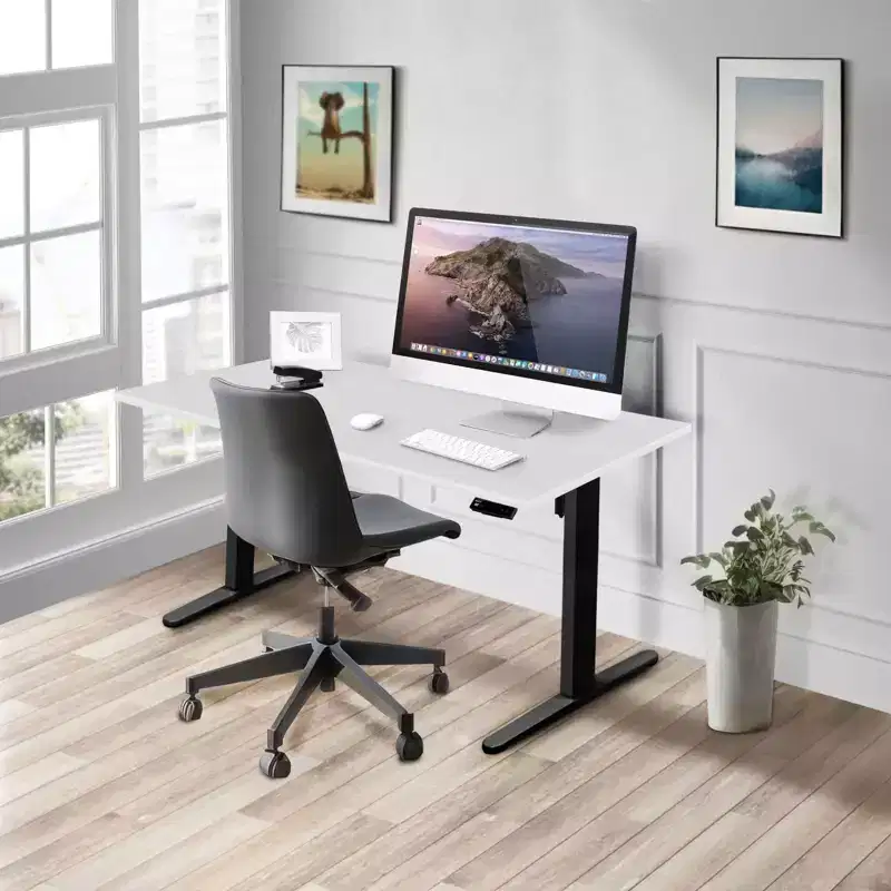Mount-It! Electric Sit-Stand Black Desk Frame with White Tabletop, Expand from 39.4 to 63 Wide