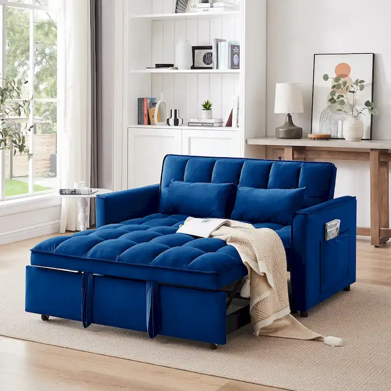 3-in-1 Convertible Velvet Loveseat Sofa Bed with Adjustable Back – Blue, 2-Person Use