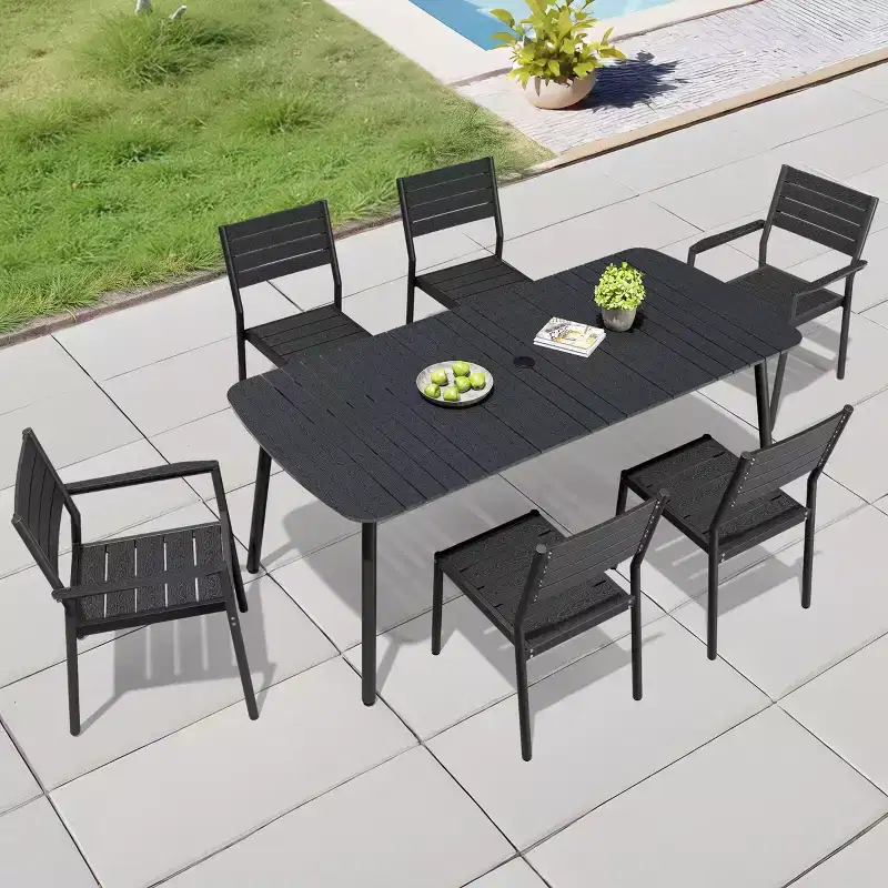 Crestlive Products 7pc Aluminum Patio Dinning Set 70.9in Table and 6 Chairs Plastic Wood Top with Umbrella Hole for Outdoor Pool Lawn