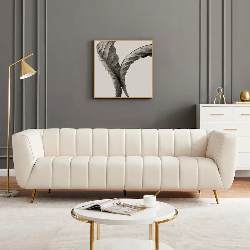 Mid-Century Modern Tufted Top Grain Leather Sofa in Cream