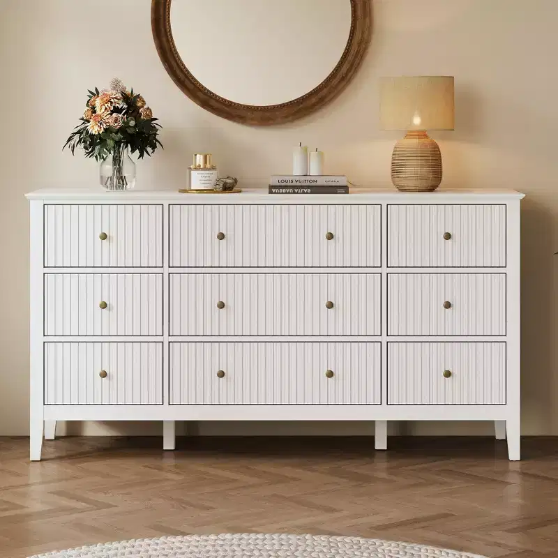 Heynemo Fluted 9 Drawer Dresser, 59 Wide Modern Chest of Drawers with Metal Handle, TV Stand Storage Organizer for Bedroom, Living Room, White