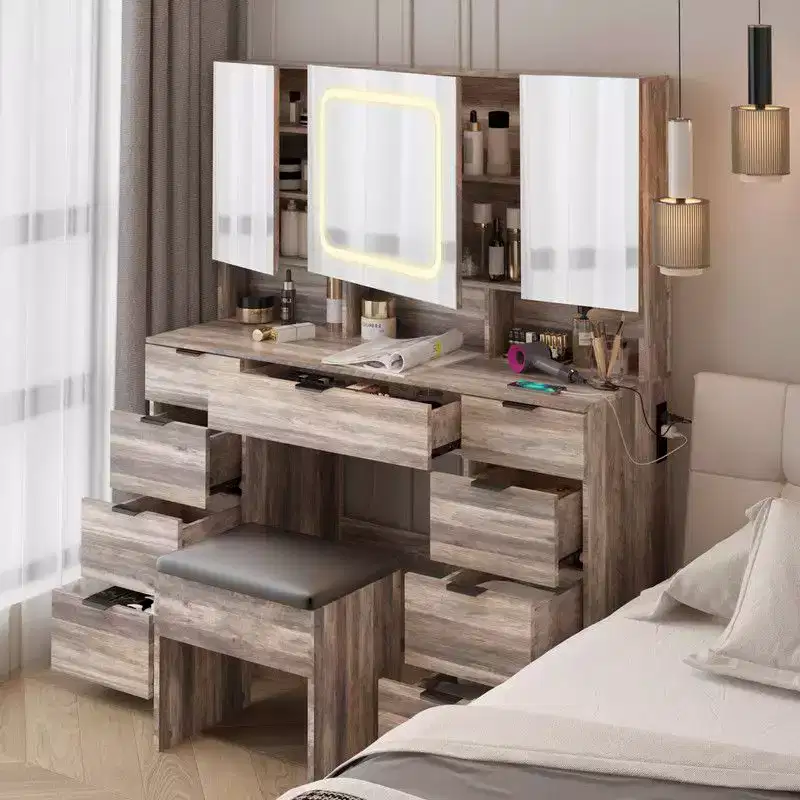 Gray Particle Board Laminated with Textured Melamine, 9-Drawer 3-Mirror Cabinet Dressing Table Set