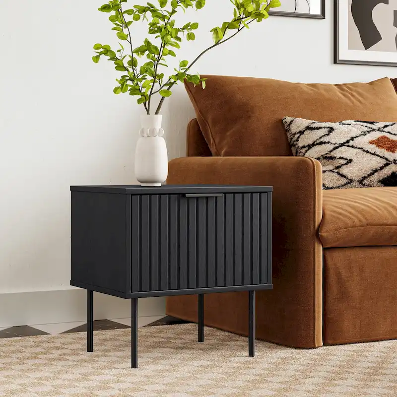 Fluted Side Table with Drawer and Metal Legs