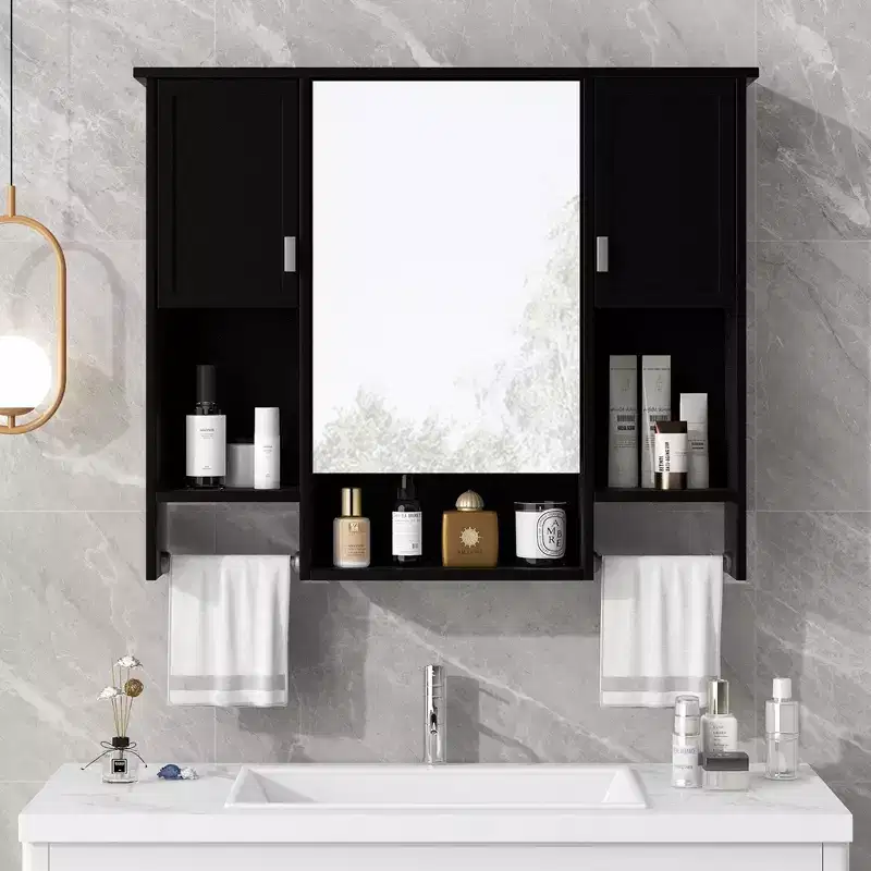 MAYEERTY 28.7 Wall Mounted Bathroom Mirror Cabinet with Concealed Storage 6 Open Shelves Medicine Cabinet Black