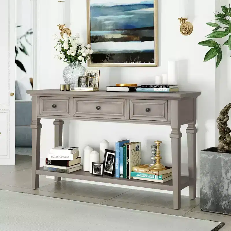 Whisen Classic Retro Style Console Table with 3-Top Drawers and Open Shelf