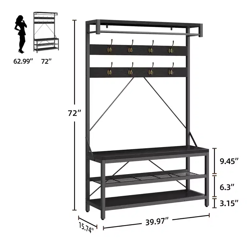 40 Industrial Hall Tree with Bench and Shoe Storage  Coat Rack with Hanging Bar, Hooks, and Storage Shelf for Entryway and Mudroom