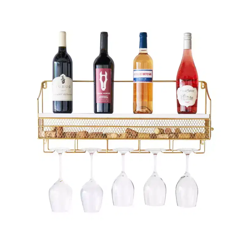 Twine Gold Wall Mounted Wine Rack, Integrated Cork Storage, Holds 8 Wine Bottles & 5 Wine Glasses, Wood and Cast Iron, Wedding Gifts, Home Bar Decor
