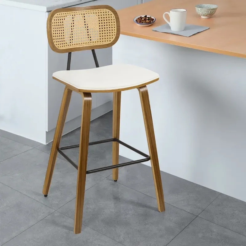 26-inch Wood Counter Height Bar Stools with Rattan Back