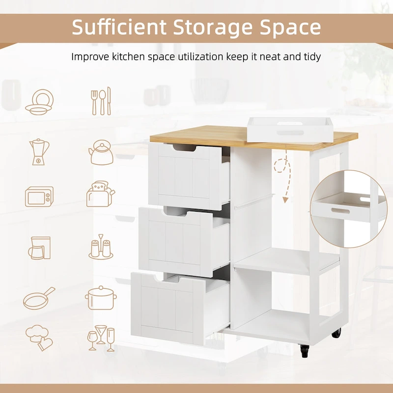 Futzca Kitchen Island Cart with 3 Open Shelves and 3 Drawers - N/A