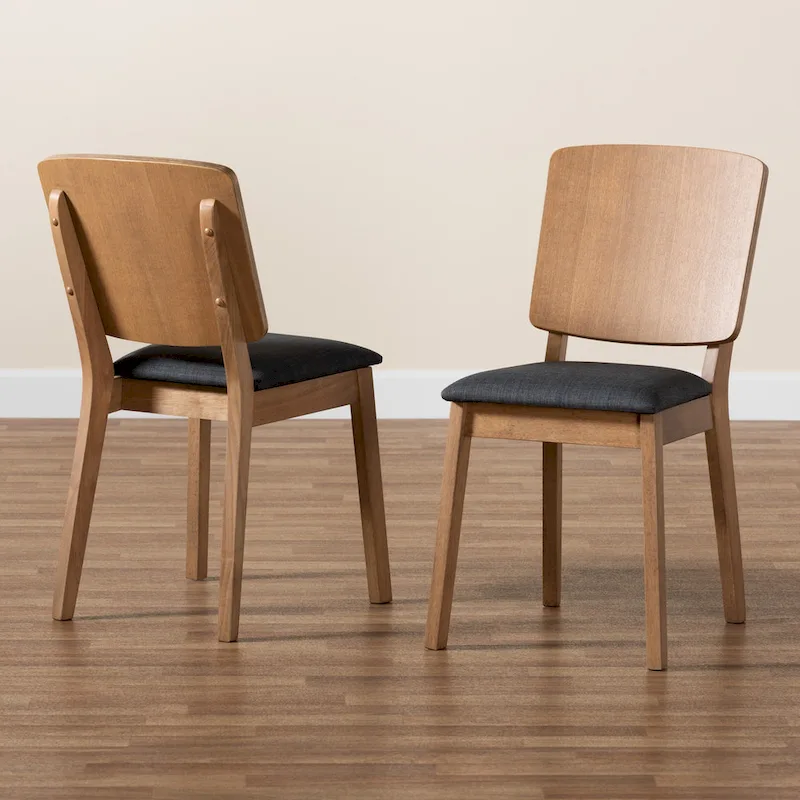 Denmark Mid-Century Modern Black Fabric and French Oak Brown Finished Rubberwood 2-Piece Dining Chair Set