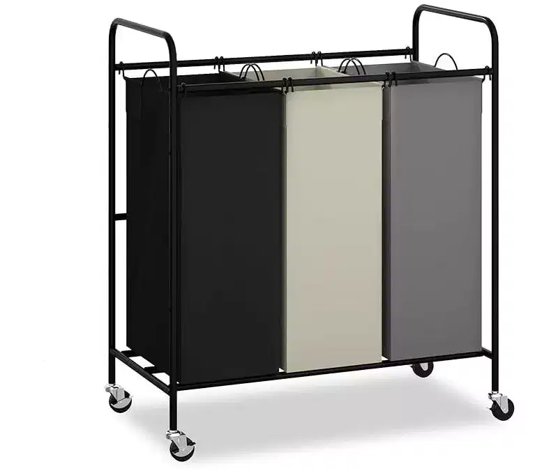 Gray 3-Bag Laundry Sorter Cart with Lockable Wheels, Removable Bags – For 2-3 Person Household