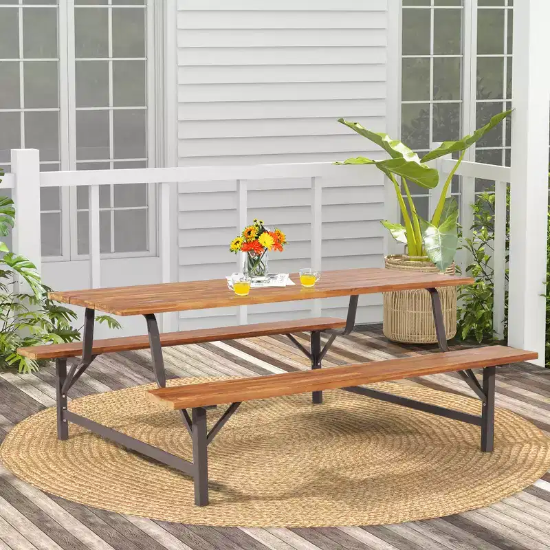 Costway Acacia Wood Patio Picnic Table Bench Set with 71'' Tabletop  2'' Umbrella Hole