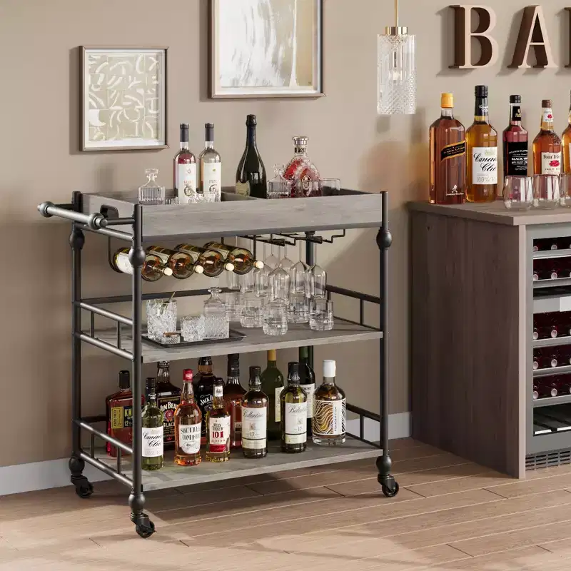 TROPOW Bar Cart, Bar Carts for The Home, 3 Tier Bar Cart with Wheels, Portable Home Bar & Serving Carts, Rolling Cart