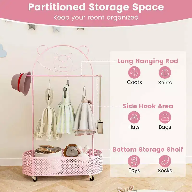 Kid Clothes Rack with 3 Adjustable Heights Home Freestanding Clothes Rack White/Pink