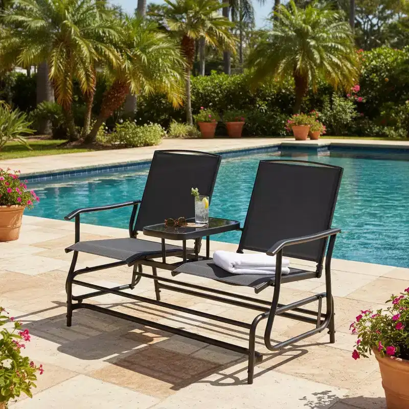 Gymax 2-Person Outdoor Glider Bench with Center Glass Table Patio Swing Lounge Chair Garden Loveseat Rocker Black