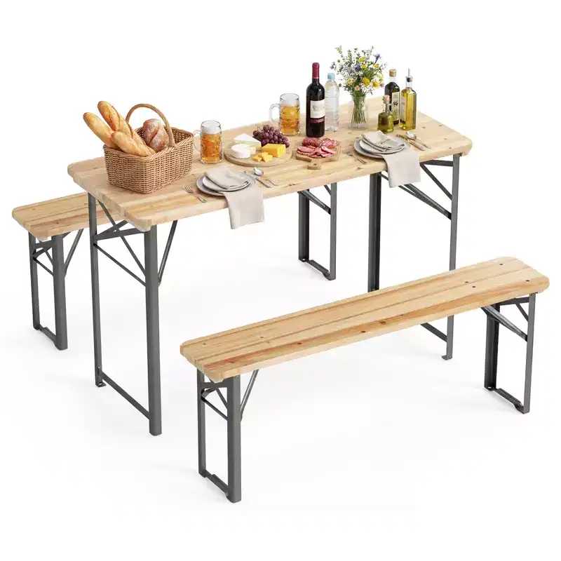 Gymax 3PCS Folding Picnic Table w/ Benches Seats & Metal Frame for Garden Patio