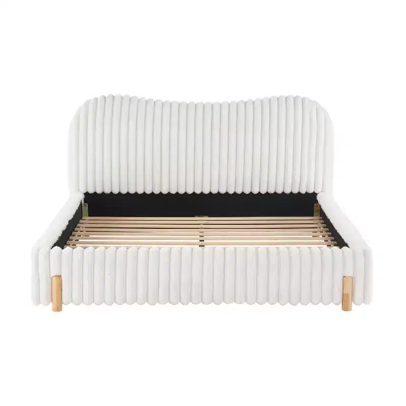 Christopher Knight Home Merrill Boucle Upholstered Platform Bed with Wavy Headboard and Vertical Stitching, White