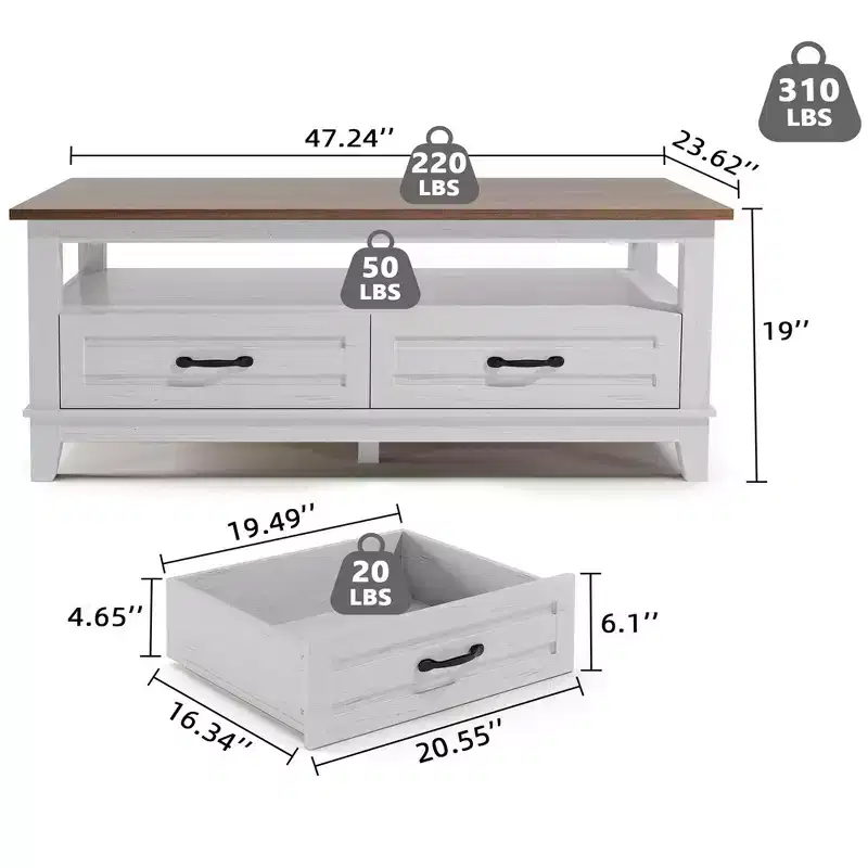 Brown Rectangular Coffee Table with 2 Drawers & Open Shelf, 6 Legs