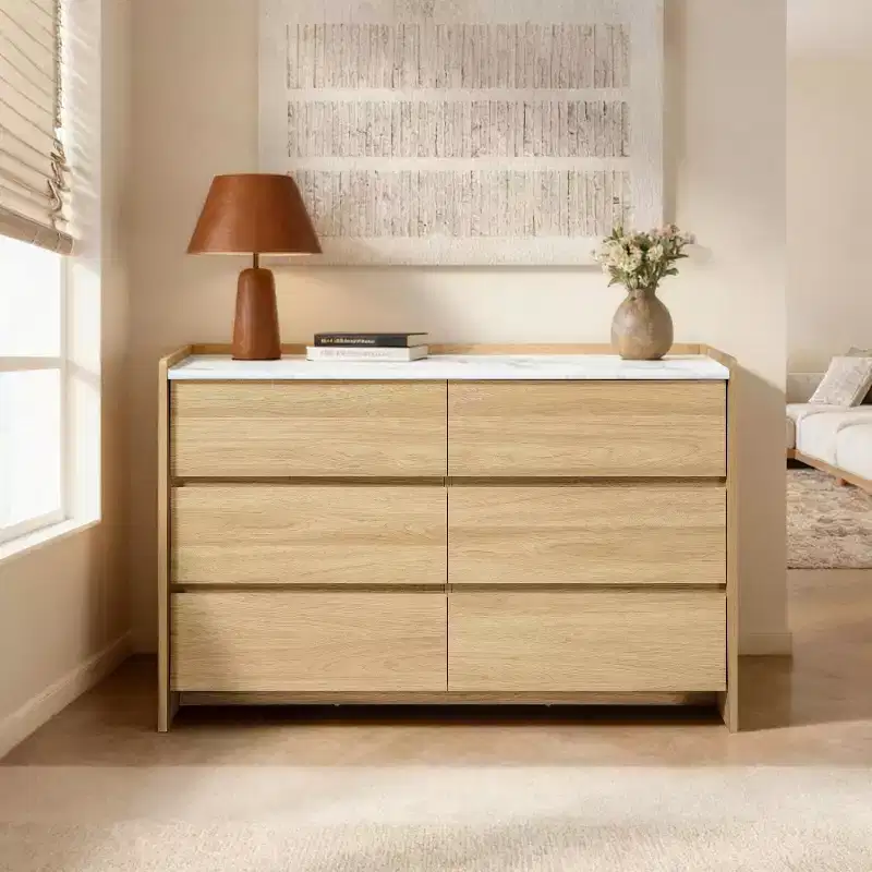 47.2-Inch 6-Drawer Dresser with Faux Marble Top and Raised Sides, Hazel Oak Brown