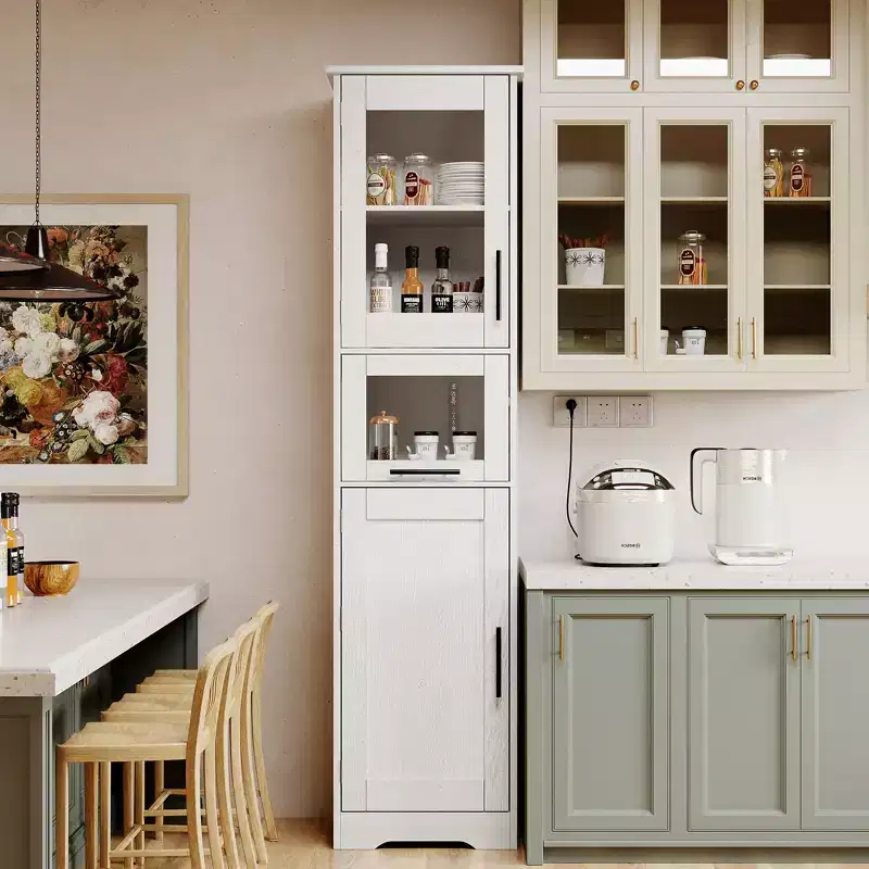 Tall Slim Storage Cabinet with Glass Doors and Adjustable Shelves