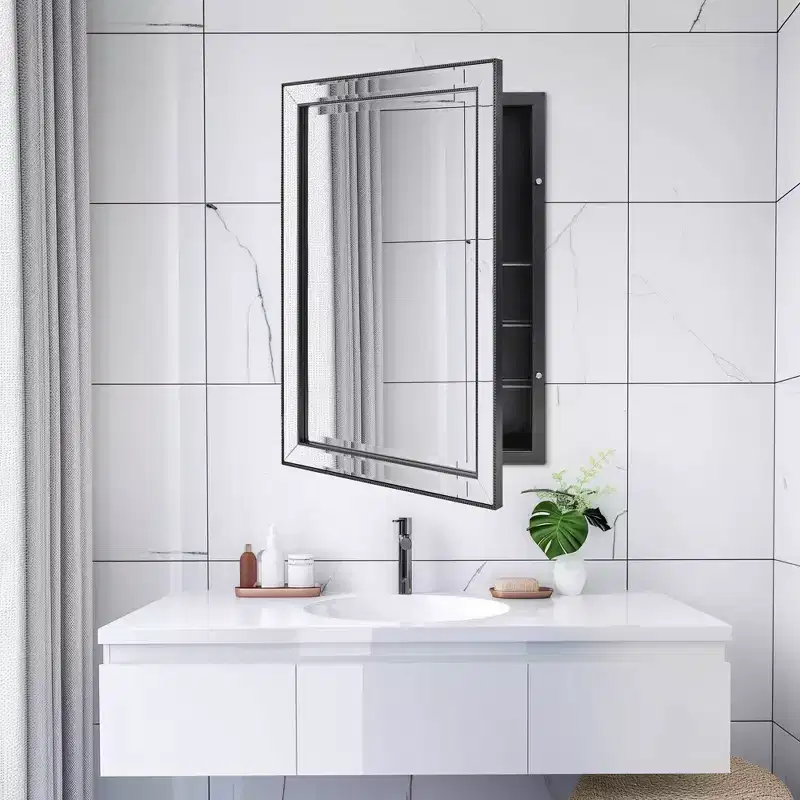 Head West 22"x30" Stylish Brushed Black Sleek Metro Beaded Medicine Cabinet with Mirror