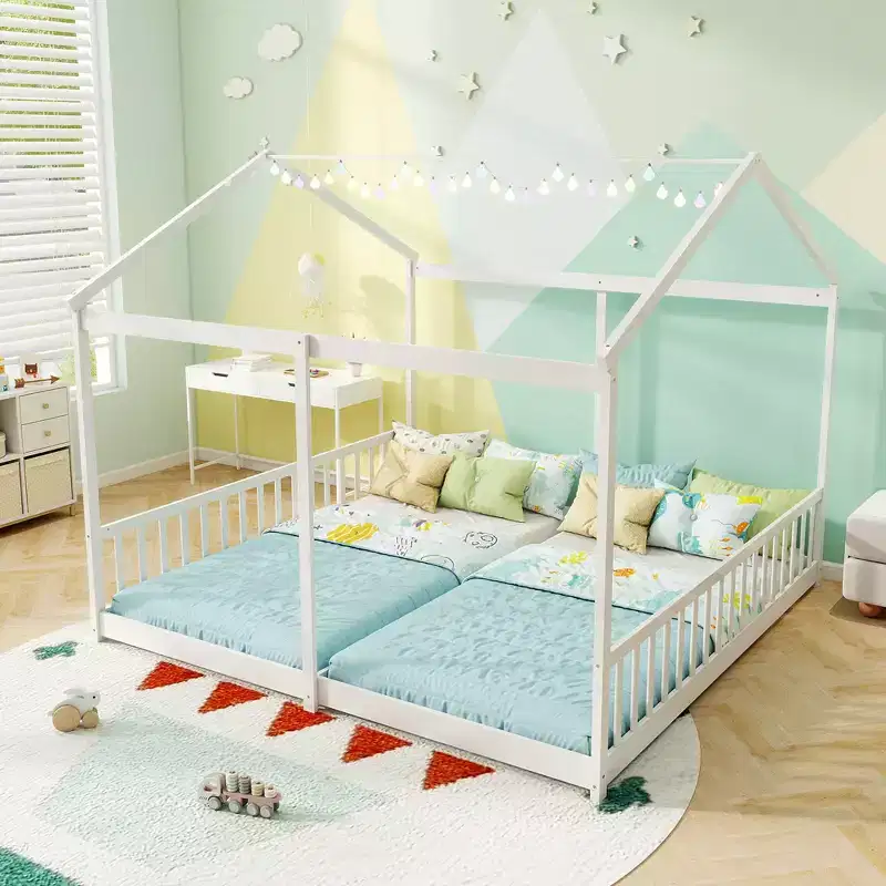Costway Double Floor Bed w/ Safety Guardrails No Box Spring Needed for Teens Boys Girls White