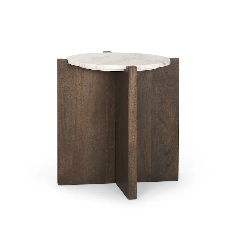 Dark Brown Wood with Marble Round Accent Table - 22.0L x 22.0W x 22.0H